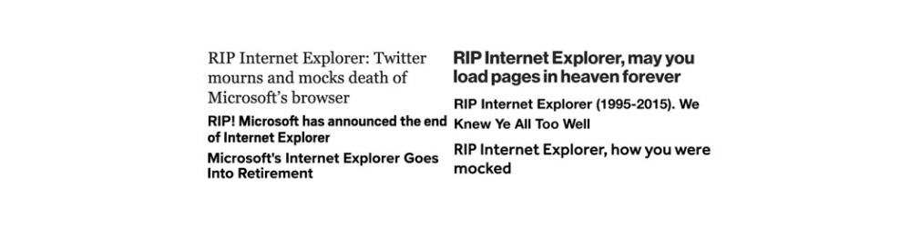 Заголовки статей о «смерти» IE с 2015 года