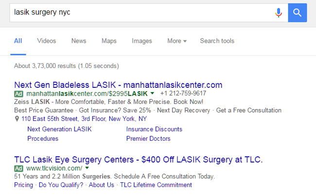 Два объявления для «лазерной хирургии в Нью-Йорке»